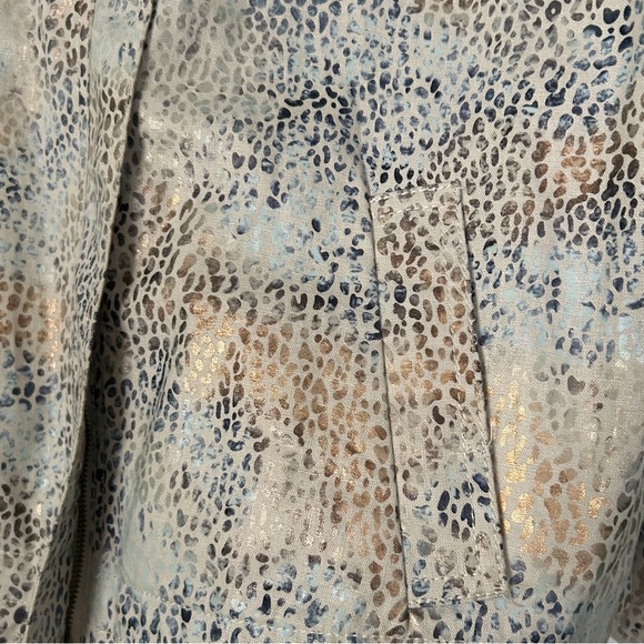 SC Collection Beige Gold Blue Linen Animal Print Jacket Metallic Zipper Size 14 - Picture 8 of 10